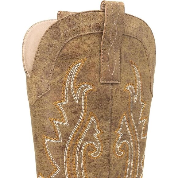 Brand New Women's Tan Faux Leather Chunky Heel Embroidery Stitched Western Boot - Picture 5 of 7